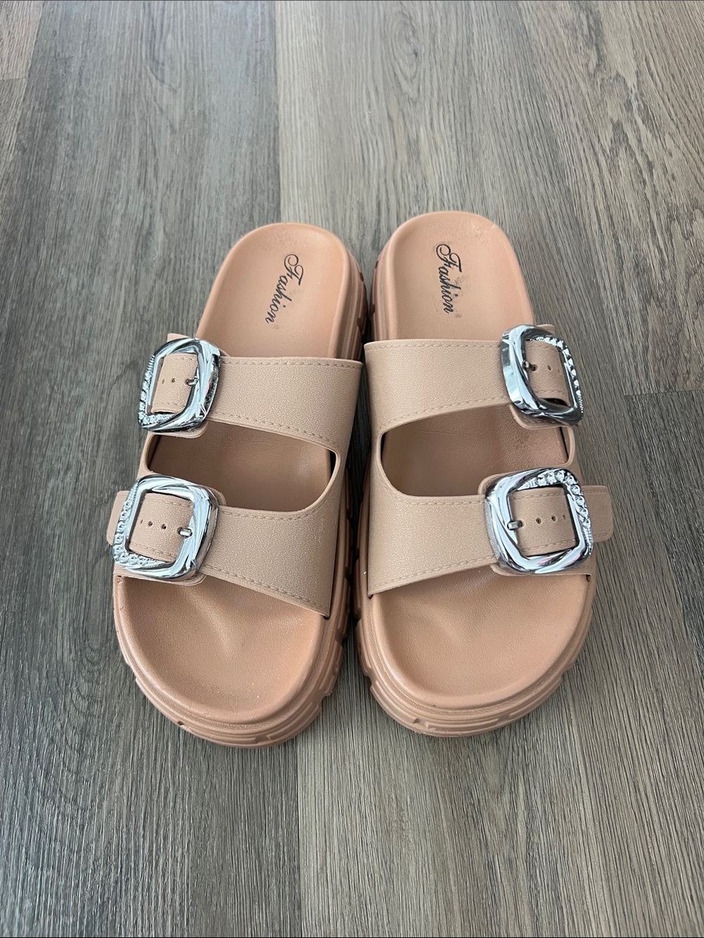 Women's Beige Double-Buckle Platform Slide Sandals - Picture 2 of 4